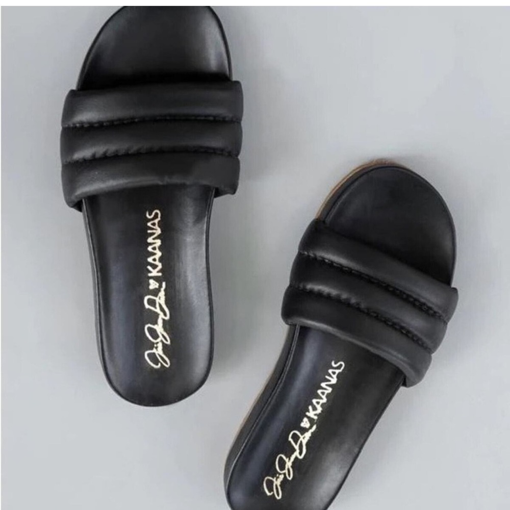 Kaanas x Jessie James Decker Black Timor Cushioned Leather‎ Slide Sandals Size 8